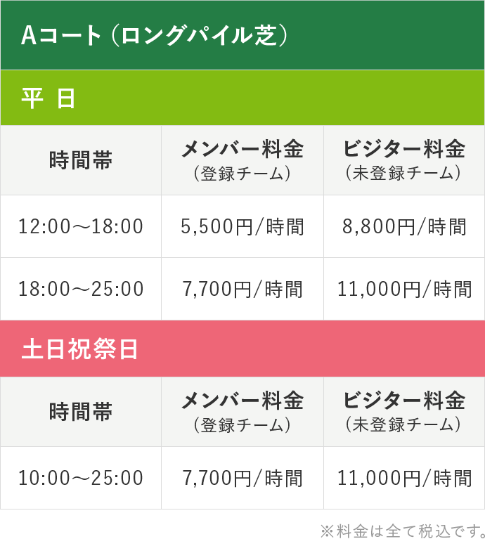 Aコート(ロングパイル芝)料金表